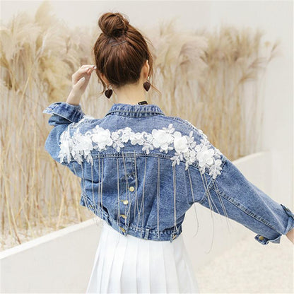 Spring and Autumn Three-dimensional Flower Embroidery Chain Tassel Loose Doll Sleeve Denim Short Jacket Women's Long Sleeve Casual Women's Jacket