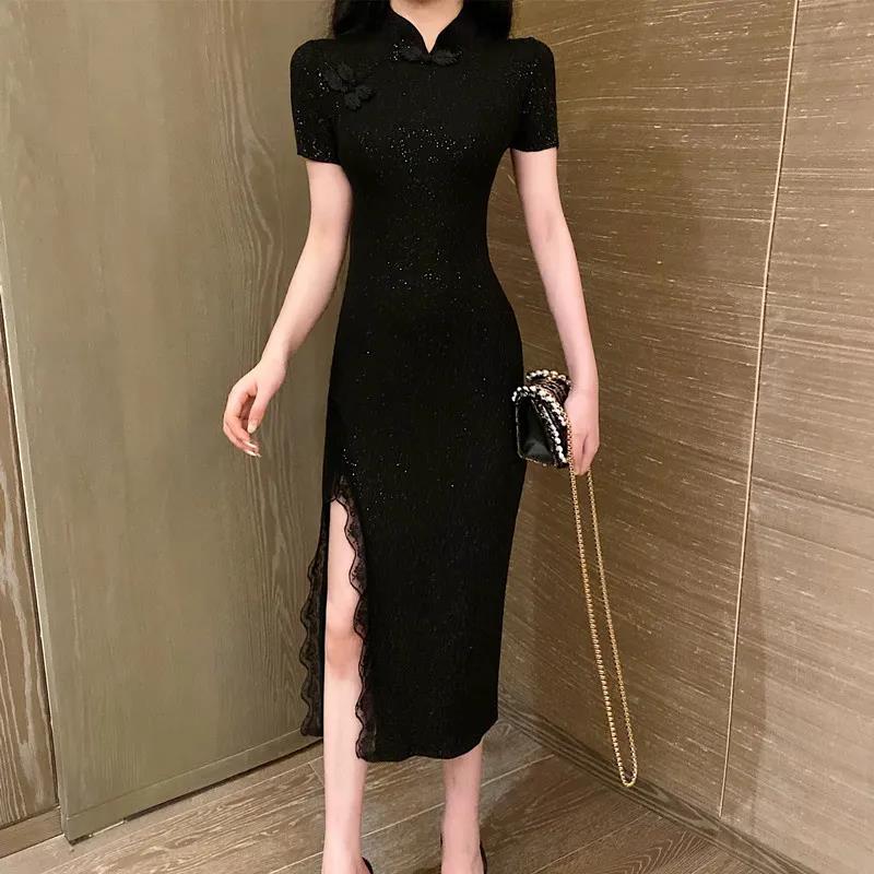 Female Vintage High Waist Black Holiday Dress Elegant Slim Stitching Split Lace Party Dress