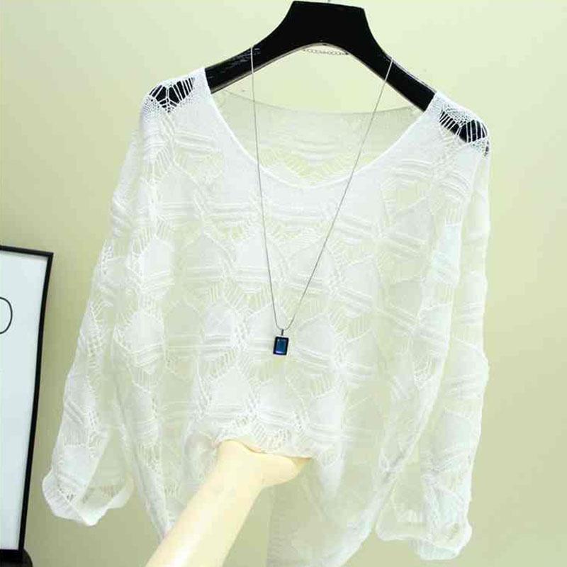Ice Silk Shirt Single-piece Hollow Sun Protection Top with Thin Knitted Sweater Loose Sweater Women's Hollow Light and Breathable