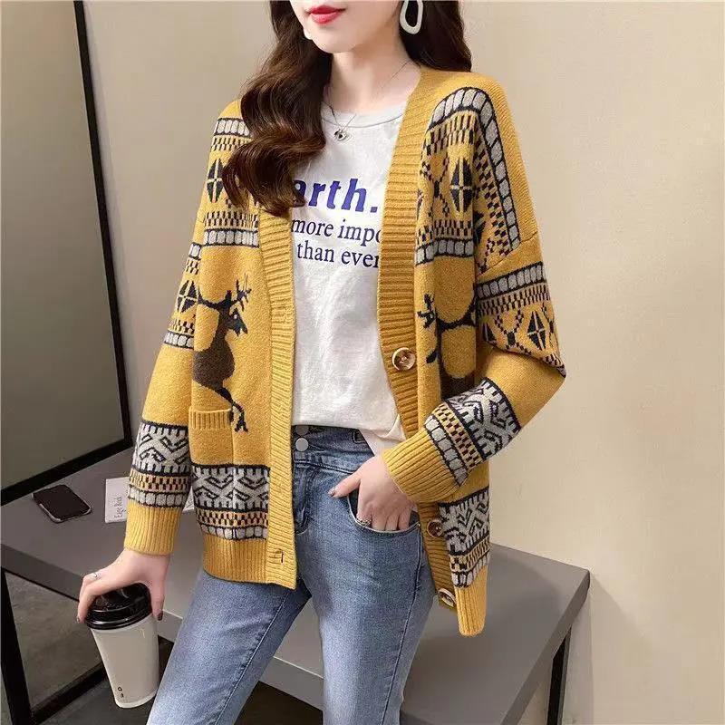 Sweater Coat Women's Spring Retro Ethnic Style Fawn Loose and Lazy Style Knitted Cardigan