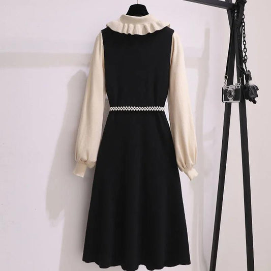 French A-line Board Waist Dress New Autumn and Winter with Fake Two-piece Base Skirt with Coat Long Skirt Temperament Suit