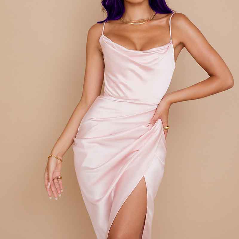 Fashion Sexy Slit Satin Dress Europe and The United States Self-cultivation Temperament Sexy Suspender Slit Skirt