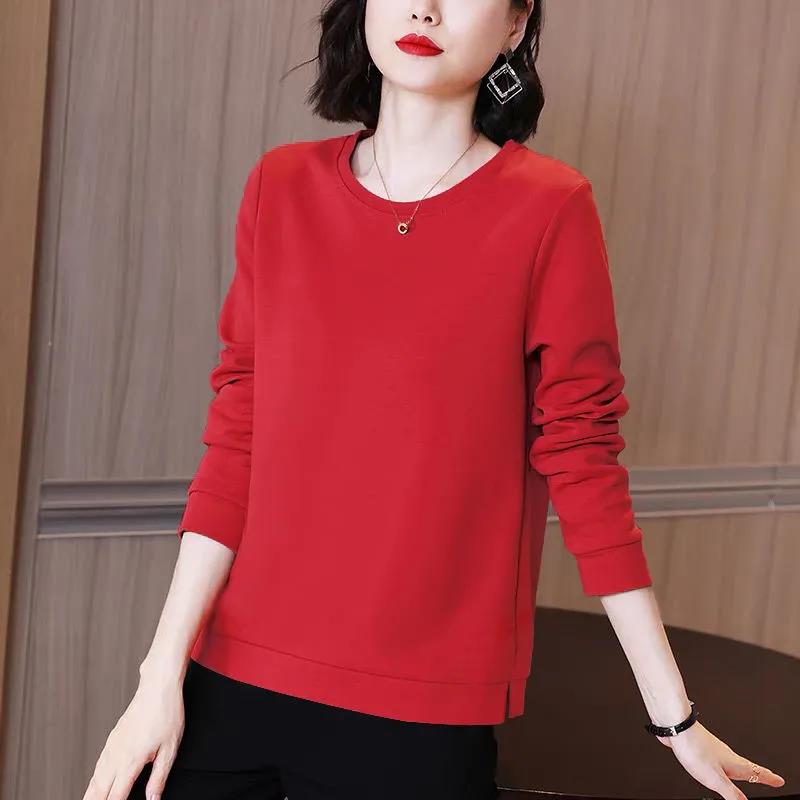 Women Cotton Pullover Spring Solid Color Shirt Long Sleeve T-shirt Casual Slit Bottoming Shirt
