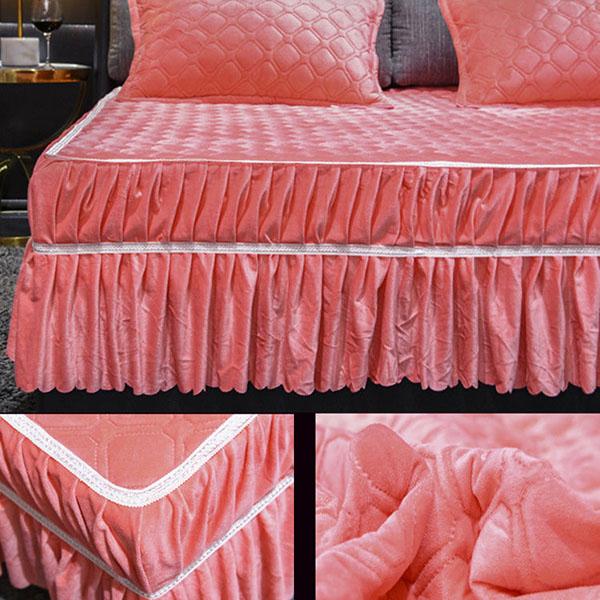 3pcs/set Wintercrystal Velvet Bed Skirt Three-piece Bed Cover Protective Cover Non-slip Quilted Bed Skirt Bed Cover and Pillowcase Three-piece Set