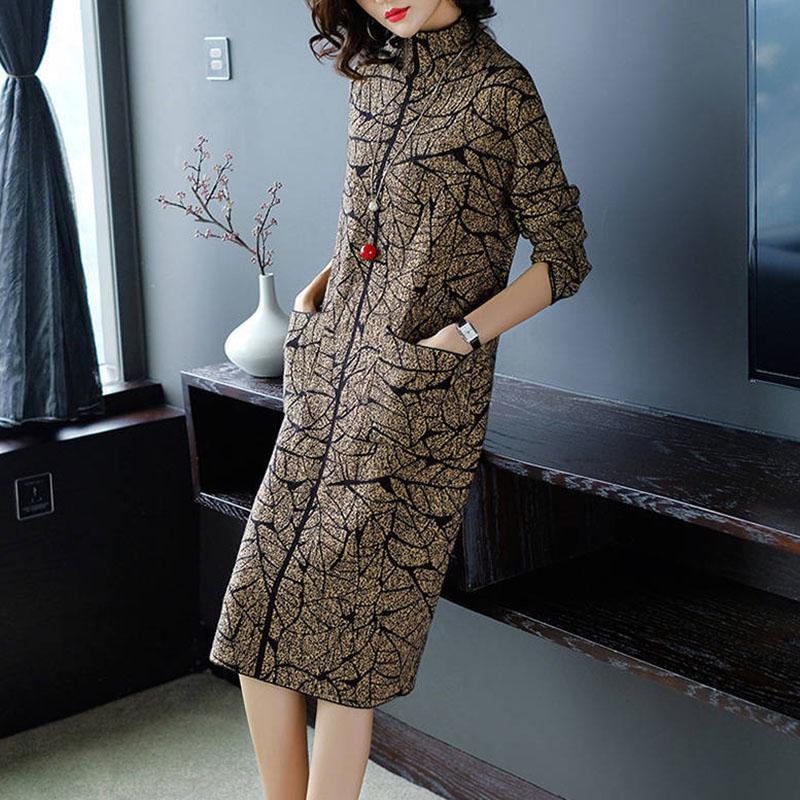 Autumn Winter Loose Knit Dress Female Long Plus Size Sweater Dress Turtleneck  Pullover Sweater Dress with Pockets