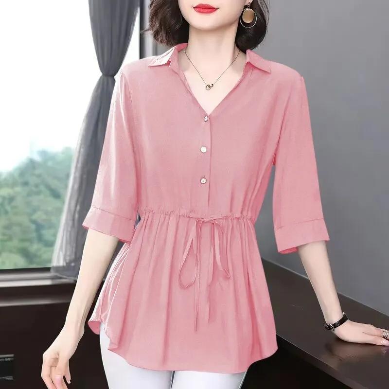 Short-sleeved Chiffon Shirt Women's Mid-sleeve Summer Loose Belly Cover Waist Top Solid Color V-neck Large Size Mid-length Thin Blouses Drawstring Top