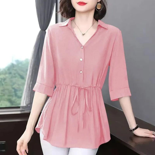 Short-sleeved Chiffon Shirt Women's Mid-sleeve Summer Loose Belly Cover Waist Top Solid Color V-neck Large Size Mid-length Thin Blouses Drawstring Top