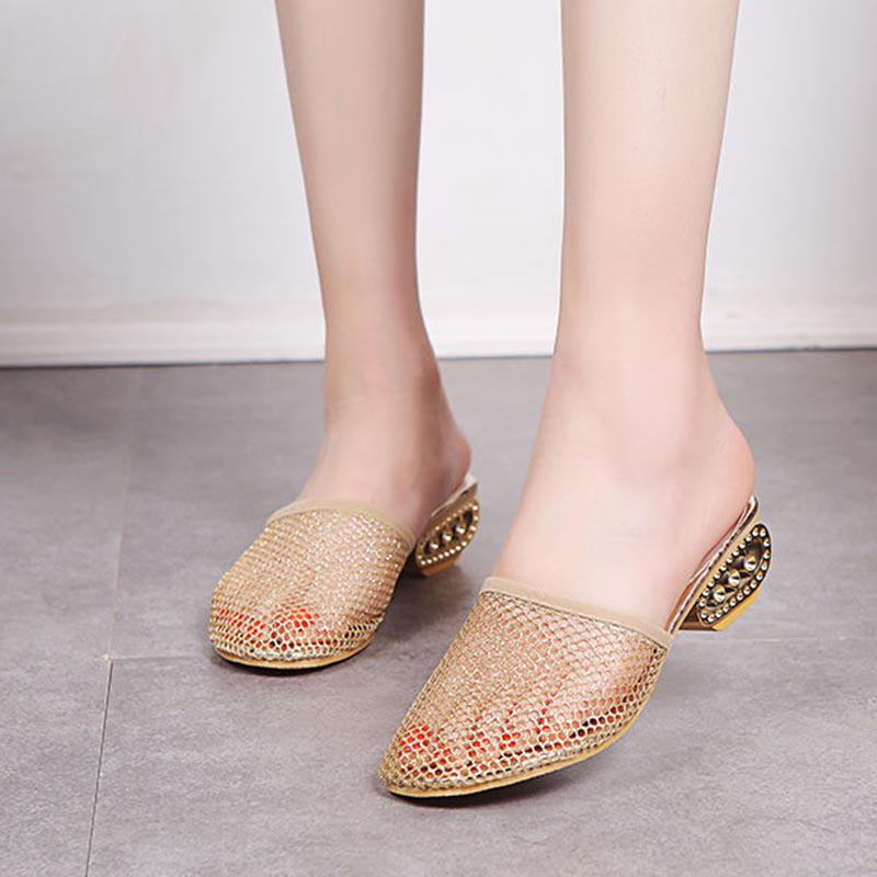Size 35-42 Women All-match Shiny Slippers Outdoor Diamond High Heels Bohemian Beach Wear-resistant Non-slip Office Lady Lace Mesh Sandals
