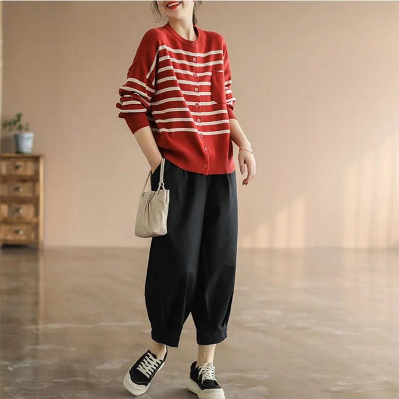 Women's Summer Loose and Thin Harem Pants Ladies Retro Solid Color Casual Pants Elastic Waist Nine-point Pants Comfortable Casual Cropped Cargo Pants