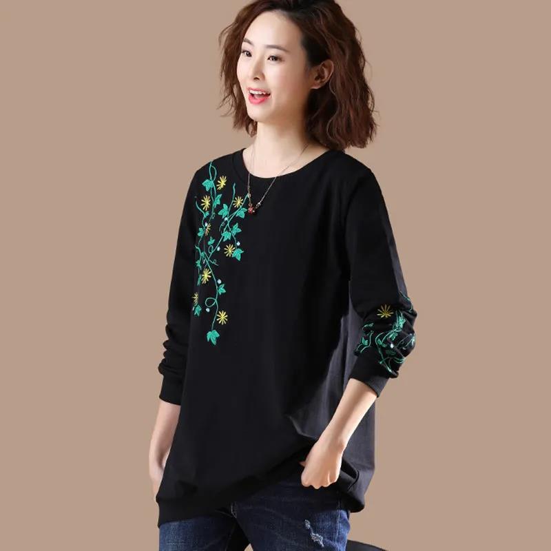 Women Ladies Long Sleeve Loose Blouse Summer Round Neck Casual T-Shirts Tops Clothing embroidery Casual Soft Pullover