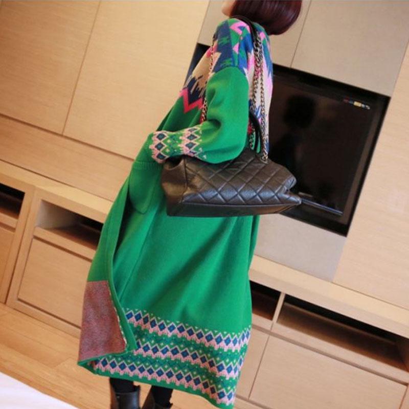 Vintage Rhombus Printed Knitted Cardigan Sweater Women Spring Autumn Oversized Knitted Jacket Loose Long Knitwear Outer Wear