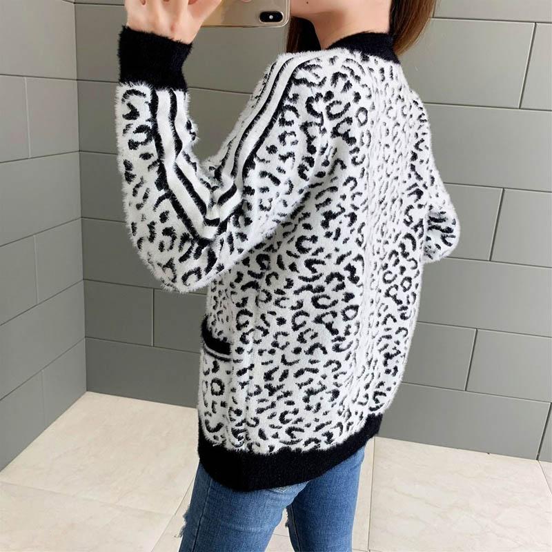Imitation Mink Fleece Cropped Top Autumn and Winter Sweater Leopard Print Loose Wild Knit Cardigan