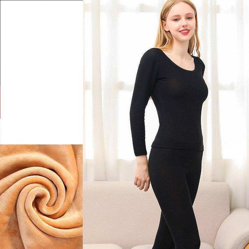 Women Plus Size Winter Thermal Underwear Plus Velvet Thickened O-neck Tops Pants Female Tight Suit Windproof Comfortable Soft Lining Long Sleeve