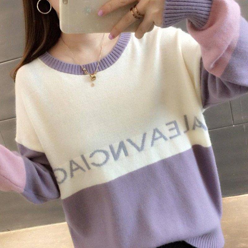 Pofulove Women's Color Block Knit Crew Neck Sweater Loose Drop Shoulder Long Sleeves Pullover Top