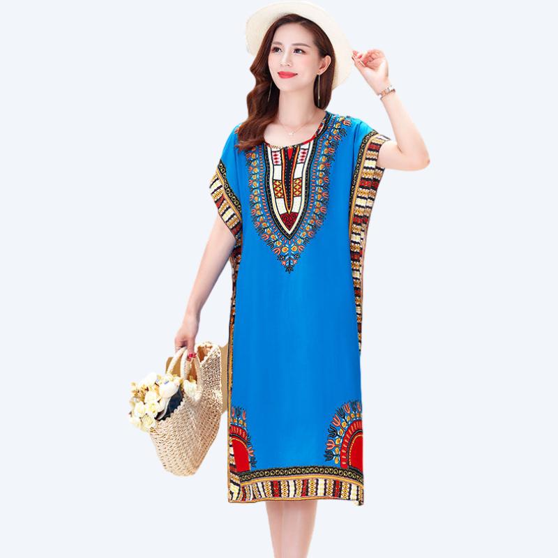 Summer Ethnic Print Dress Round Neck Cotton and Linen short  Sleeve Loose Mid-length Vest Skirt Daily Thin