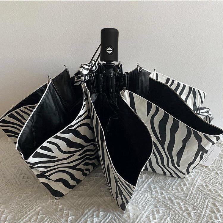 Zebra Pattern Automatic Umbrella Female Ins Wind Sunshade Three-fold Rain and Sun Dual-use Sunscreen Black Plastic Sun Umbrella