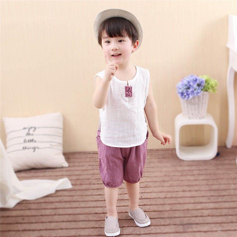 Boys and Girls Cotton and Linen Vest Suit Baby Summer Breathable Cool Two-piece Baby Comfortable Thin Loose Casual Clothes