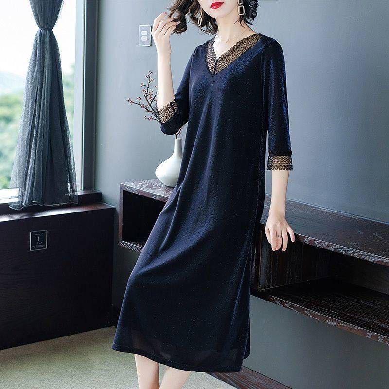 Plus Size Women's Stitching Lace Dress Spring and Summer Half Sleeve Long Skirt Daily Wear
