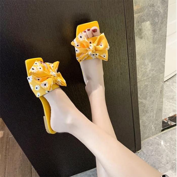 WTEMPO Slippers Women Printed Bow Square Head Flat  Indoor Non-slip  Flip Flop Beach Bedroom Home  Go Out