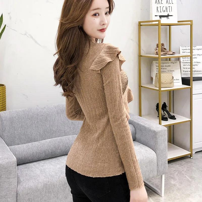 Women's Solid Color Lace Bottoming Shirt Fashion Off-the-shoulder Mesh Low Neck Bottoming Shirt Sexy Thin Knitwear