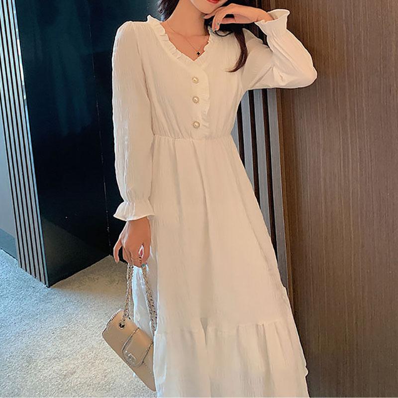 Hepburn Style French White Skirt Long-sleeved Dress Female Waist Was Thin and Temperament Mid-length Fairy Skirt