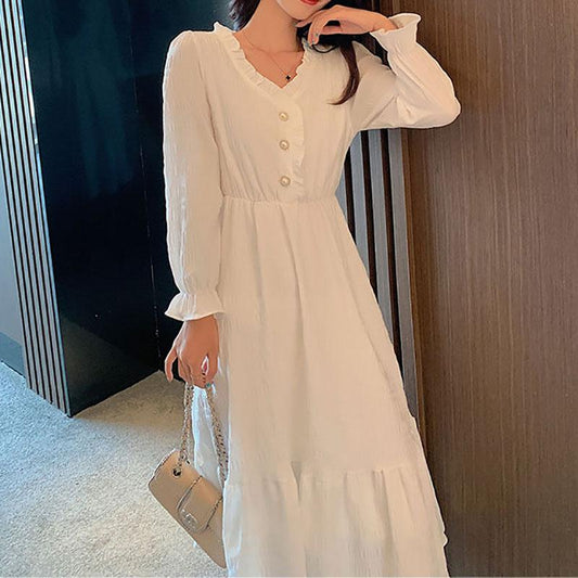 Hepburn Style French White Skirt Long-sleeved Dress Female Waist Was Thin and Temperament Mid-length Fairy Skirt