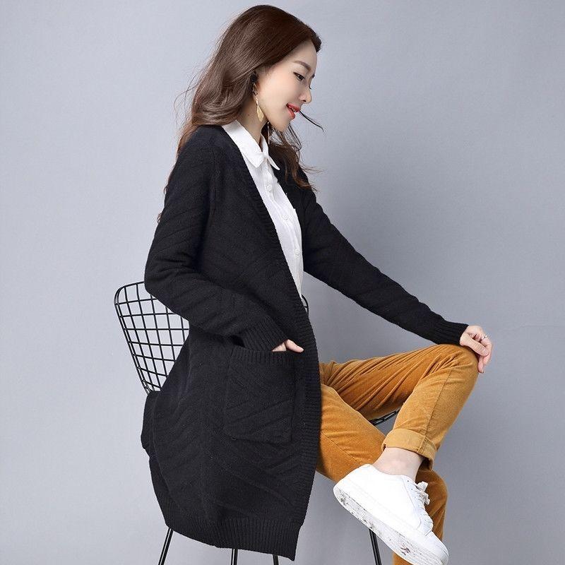 Spring and Autumn Loose Knitted Sweater Cardigan Mid-length Loose Top Pure Color Simple Women's Jacket