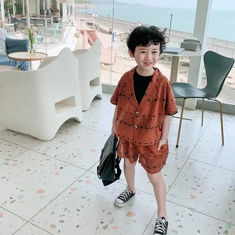 Boy's Summer Suit Literary Print Baby Short-sleeved Cotton Korean Version of Children's Summer Children's Fashion Summer Children's Clothing