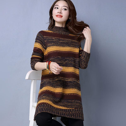 Autumn and Winter Thick Korean Version of The Hood Loose Striped Half High Neck Mid-length Floral Line Sweater Women's Large Size Base Sweater
