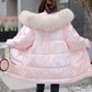 Bright Face Down Jacket Women's Cute Candy Color Loose Large Size Fluffy Big Fur Collar Hooded Down Jacket Loose Cotton Jacket