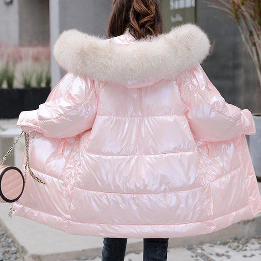Bright Face Down Jacket Women's Cute Candy Color Loose Large Size Fluffy Big Fur Collar Hooded Down Jacket Loose Cotton Jacket