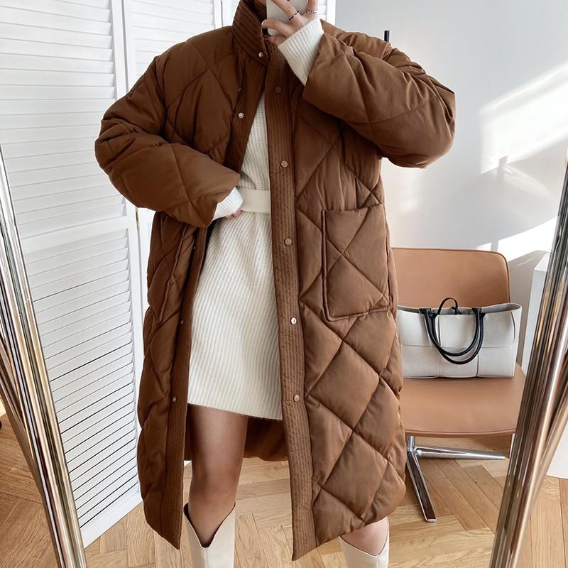 Winter New Korean Style Long Cotton-padded Coat Women's Casual Stand-up Collar Argyle Pattern Oversized Parka Chic Jacket