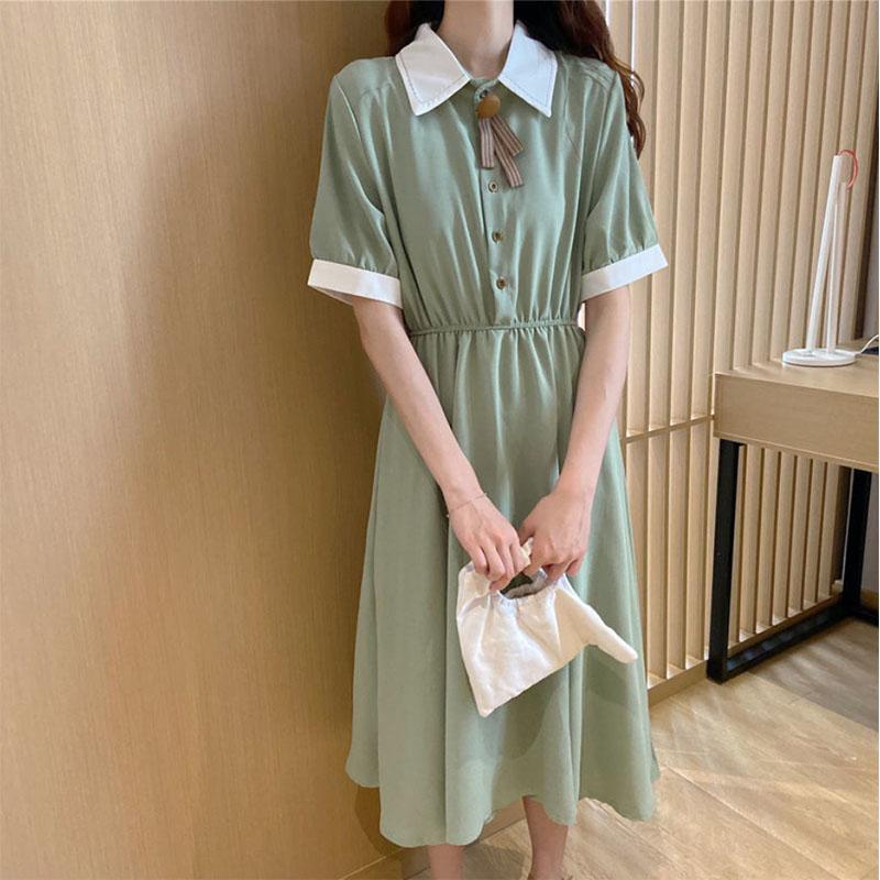 College Style French Retro Slim Waist Temperament Dress Female Student Short-sleeved Mid-length Skirt A-line Skirt