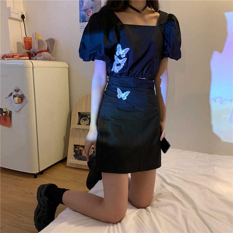 Black Butterfly 2 Pieces Ladies Suit Skirt Spring and Summer Short Sleeve Casual Vacation Office Home