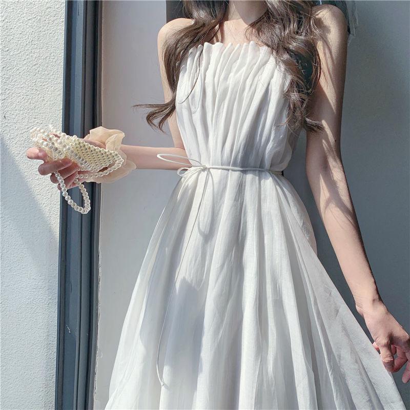 White Suspender Dress Female Summer French Retro Niche First Love Temperament Over The Knee Long Dress