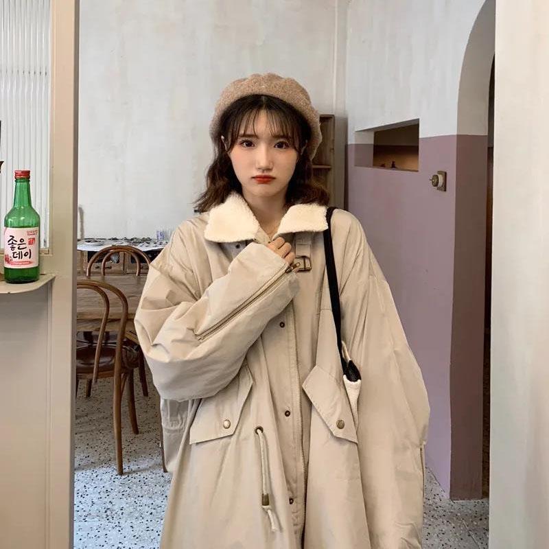 Ladies Lamb Wool Tooling Jacket Hong Kong Style Loose Quilted Jacket Over The Knee Loose Parkas