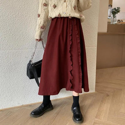 Wine Red Corduroy Tutu Skirt with Fungus, Autumn and Winter Style All-match Western Style Skirt Women's Mid-length Skirt