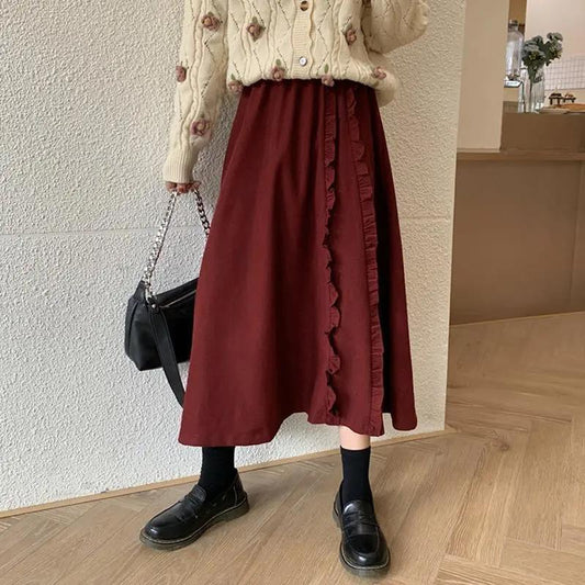 Wine Red Corduroy Tutu Skirt with Fungus, Autumn and Winter Style All-match Western Style Skirt Women's Mid-length Skirt