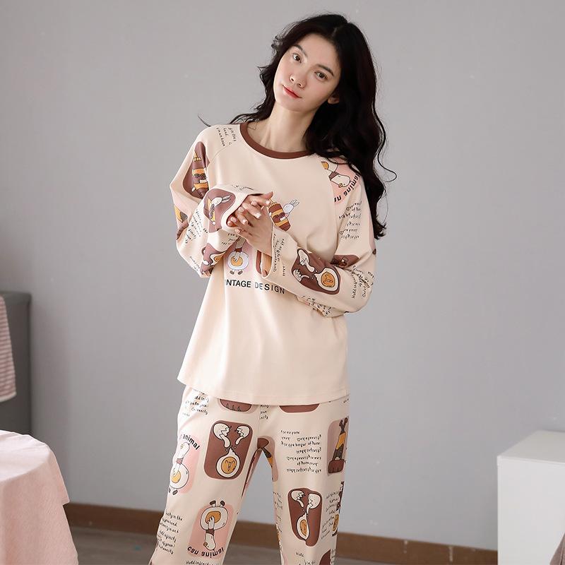 Women Cotton Pajamas Set Cartoon Cute Female Pyjamas Suit Long Sleeve Sleepwear Tops and Pants Sets Home Wear Casual Loose Pullover Nightwear