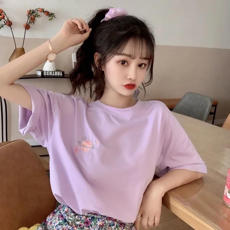Solid Color Round Neck T-shirt Summer Planet Embroidery Loose Breathable Women's Tops Ladies Basic Tee Shirt