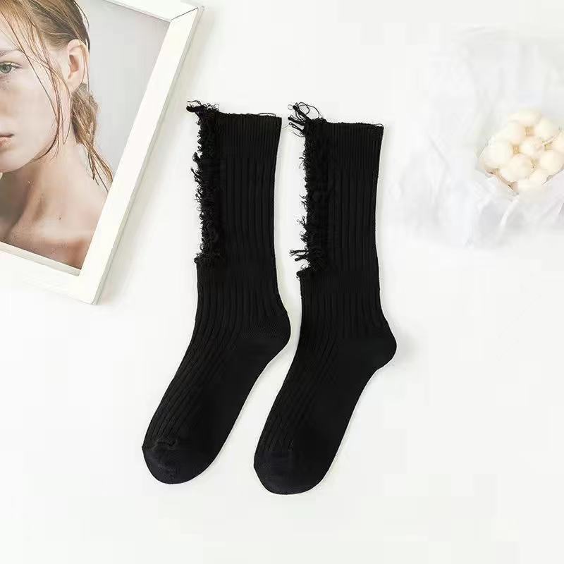 Fall/winter Socks Women's Ripped Pure Cotton Socks High Tube Tailoring Pile Socks Solid Color Knitted Socks