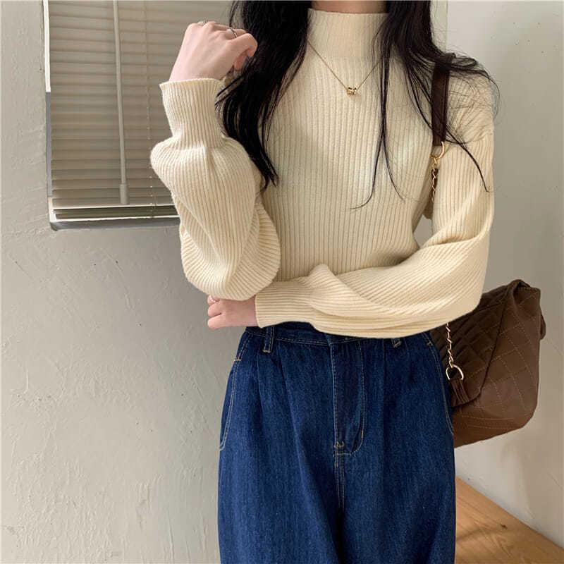 Winter Sweater Women Turtleneck Lantern Sleeve Solid Pullover Sweaters White Black Fall Fashion Knitted Tops Girl Jumpers