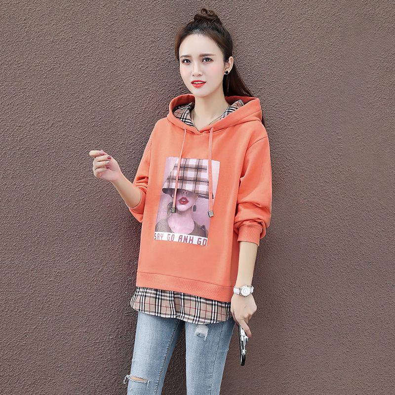 Plaid Stitching Hooded Sweater Long-sleeved Loose Fake Two-piece Cotton Fabric
