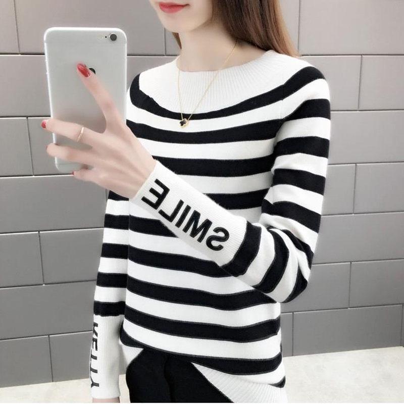 Striped Pattern Sweater Knit Slim Pullover Top for Autumn and Winter Women's Bottoming Shirt