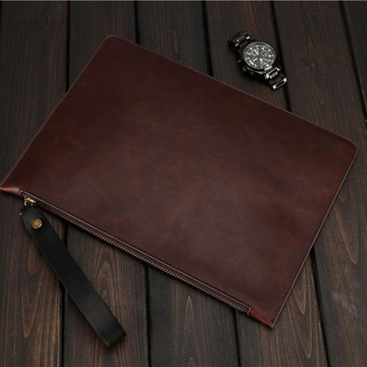 Business Briefcase Men Black Large Capacity Zipper Leather Anti-theft Waterproof Clutch IPad Bag