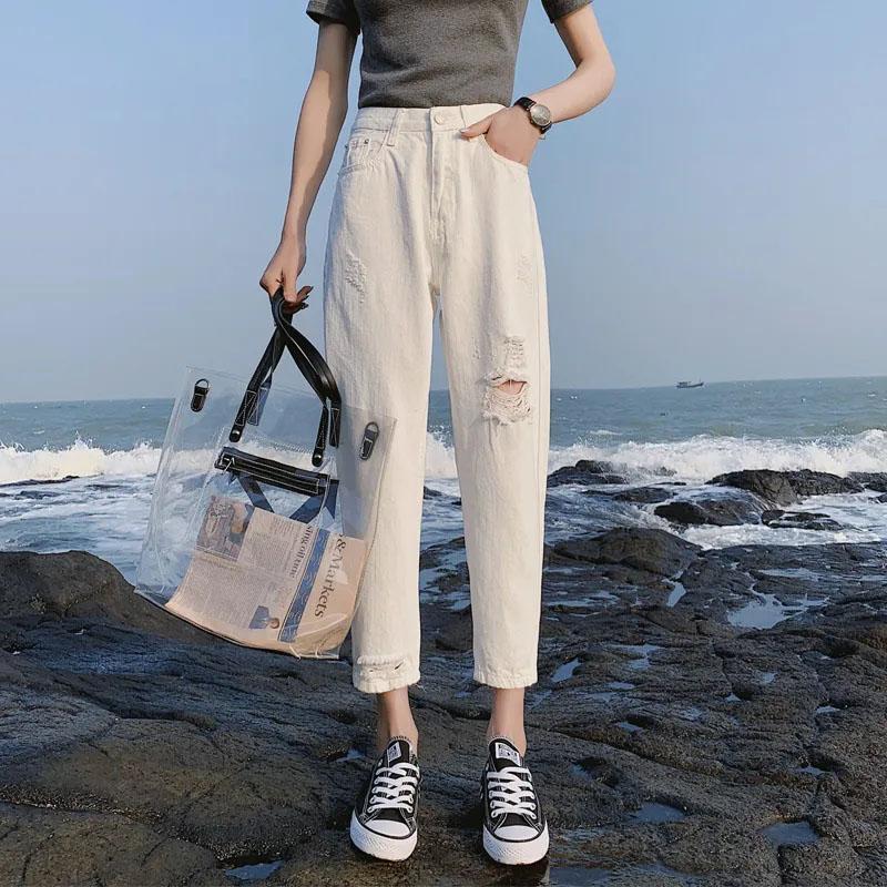 White Ripped Jeans Women's High-waisted Slim Loose Straight-leg Pants Daddy Harlan Nine-point Pants