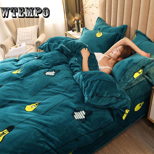 Flannel Winter Home Textile Printed Geometric Hand Wash Warm Flannel Bedding Sets 4pcs
