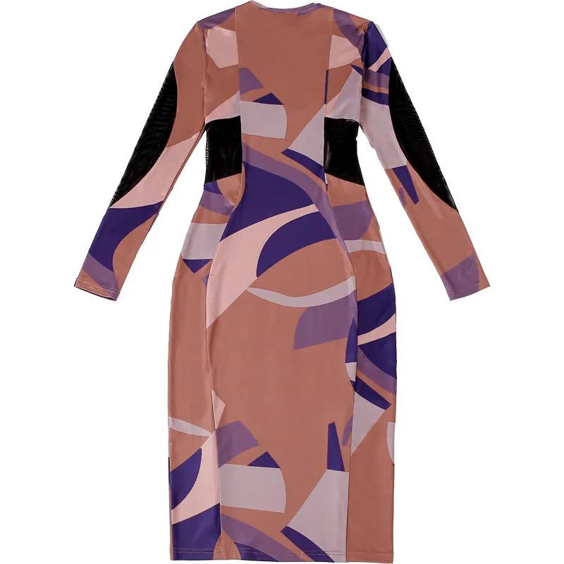 Female Vintage Contrast Print Slim Night Club Dress Elegant Long Sleeve Hip Style Party Dress