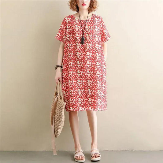 Summer Literary Plus Size Loose and Thin Floral Short-sleeved Dress Women's All-match Printed Mid-length Dress
