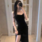 Women's Spring and Summer Elegant Slim Gold Velvet Bottom Long Over The Knee Black Suspender Hip Dress
